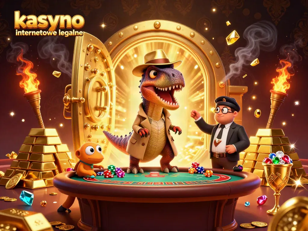 Experience thrilling gameplay at kasyno internetowe legalne with a cartoon velociraptor playing cards amid golden treasures.
