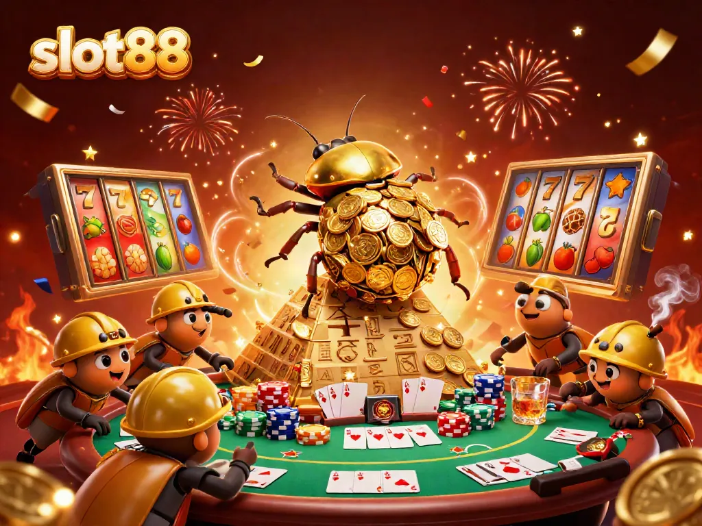 Experience the excitement of slot88 with golden beetles and celebratory casino elements.