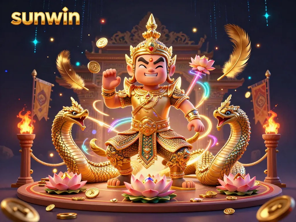 Experience excitement at Sunwin with a vibrant 3D guardian and Naga serpent characters, surrounded by gold and gambling elements.