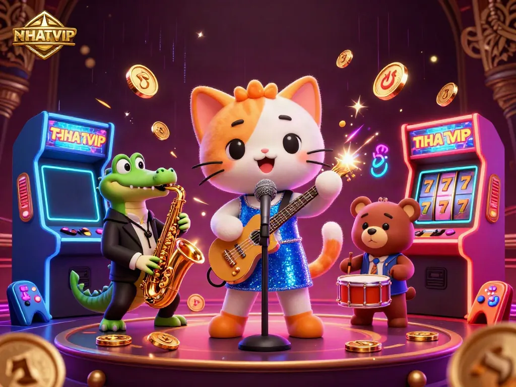 Engage in thrilling casino fun at NHATVIP with vibrant characters and arcade gaming elements.