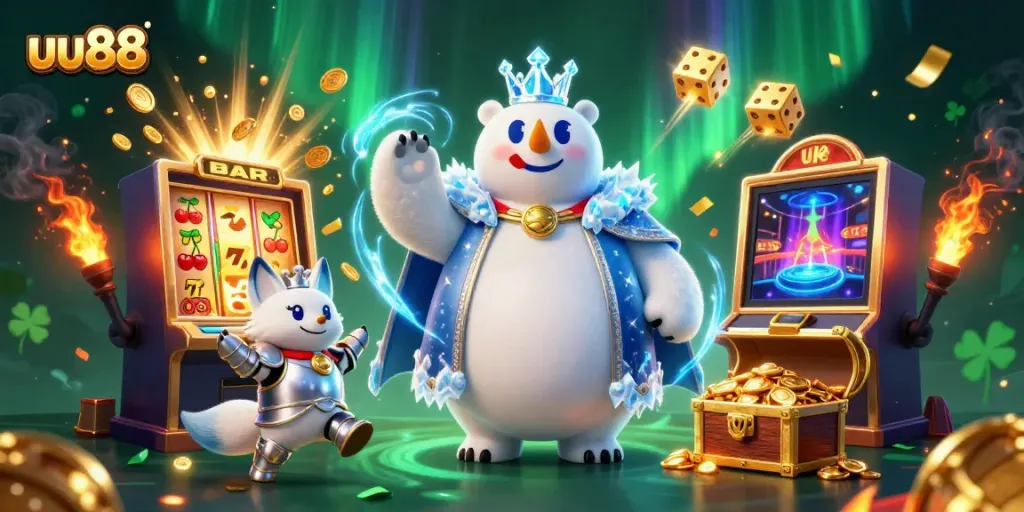 Spin and win at uu88 with vibrant slot machines and energetic characters celebrating jackpots.