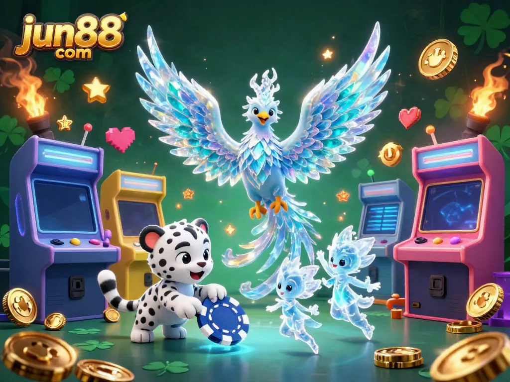 Experience the excitement at jun88 com with an ice phoenix and gaming elements in a vibrant scene.