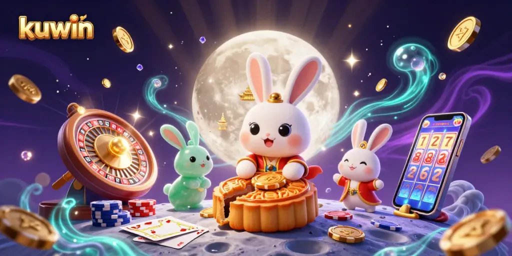 Kuwin offers an exciting casino adventure with a moon rabbit pounding mooncakes revealing poker chips.