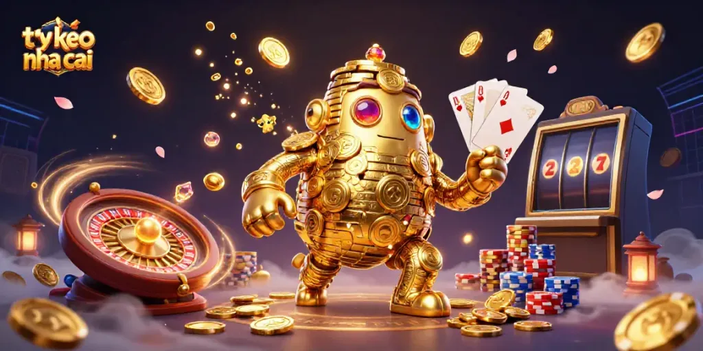 Experience the excitement of ty le keo nha cai with a dynamic, 3D illustration of a golden golem and casino elements.