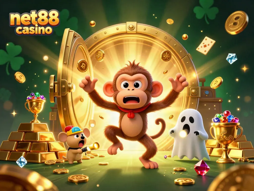 Experience net88 casino's thrilling atmosphere with a mischievous monkey and a brave puppy in a vibrant scene.