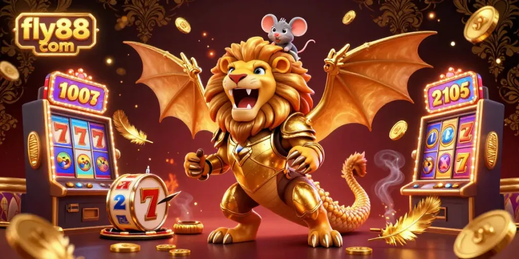 Engage with thrilling slots at fly88 com, featuring a golden chimera and vibrant casino symbols.