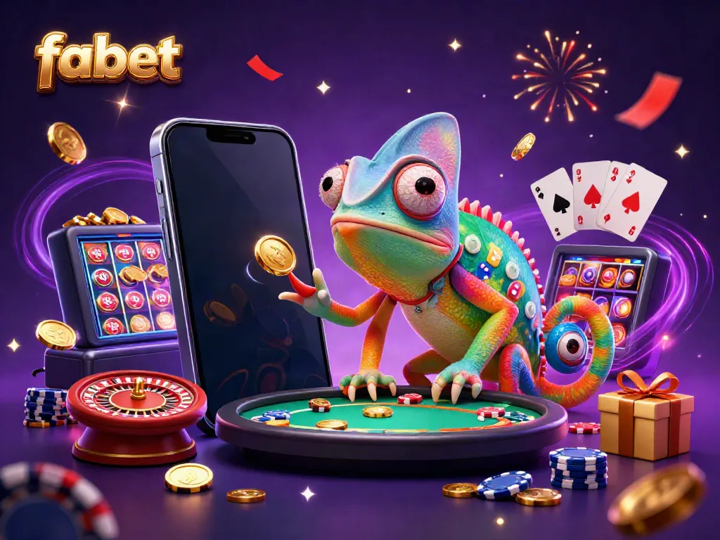 Experience the vibrant world of fabet with a dynamic chameleon casino owner amidst colorful game elements in this 3D illustration.