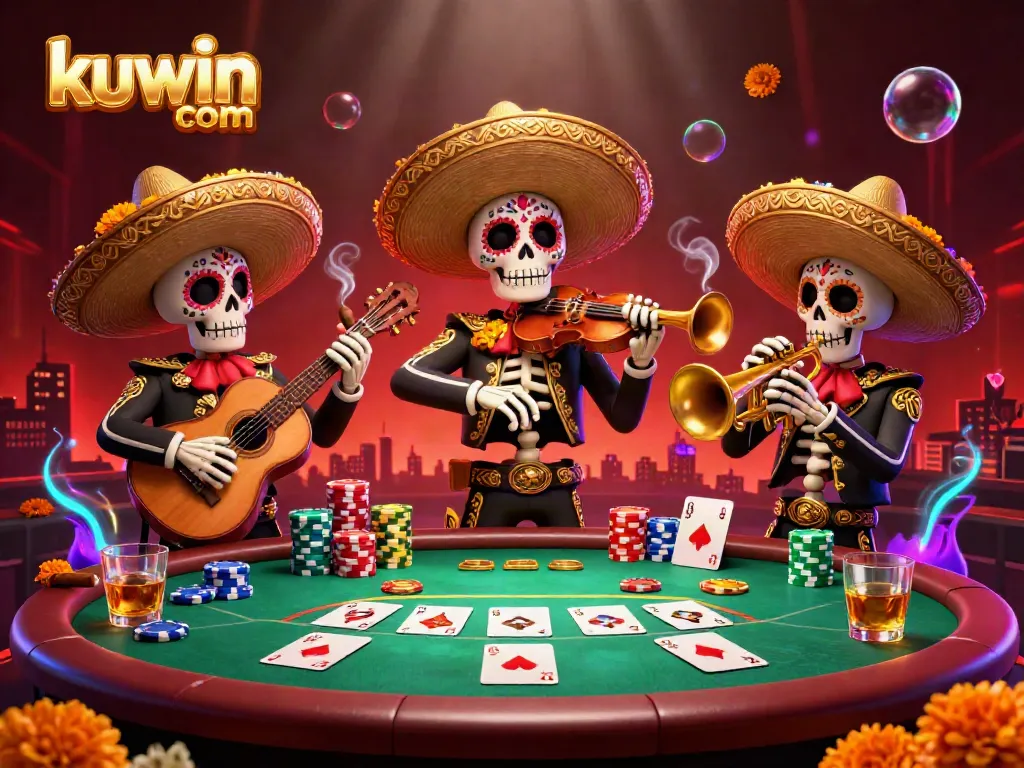 Kuwin com brings vibrant energy as spirited skeleton mariachi players entertain at a lively casino, showcasing poker gaming elements.
