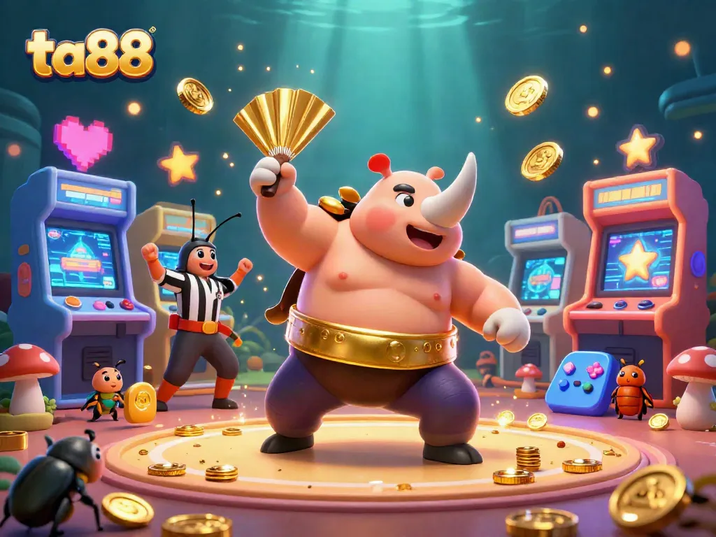 Immerse in ta88 casino excitement with a beetle champion celebrating a winning moment surrounded by vibrant game elements.