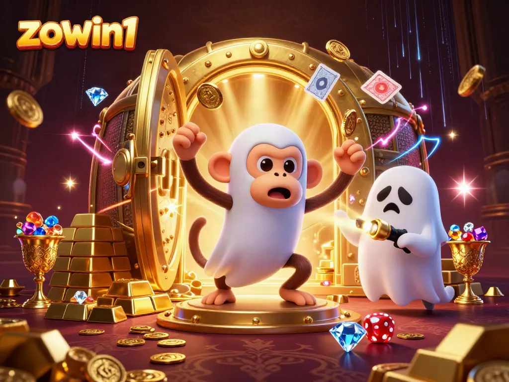 Experience the thrilling world of zowin1 as a ghostly monkey juggles golden treasures in a haunted casino.
