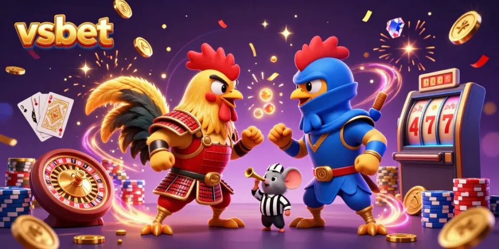 Engage with dynamic action featuring vsbet's fighting roosters in a casino showdown.