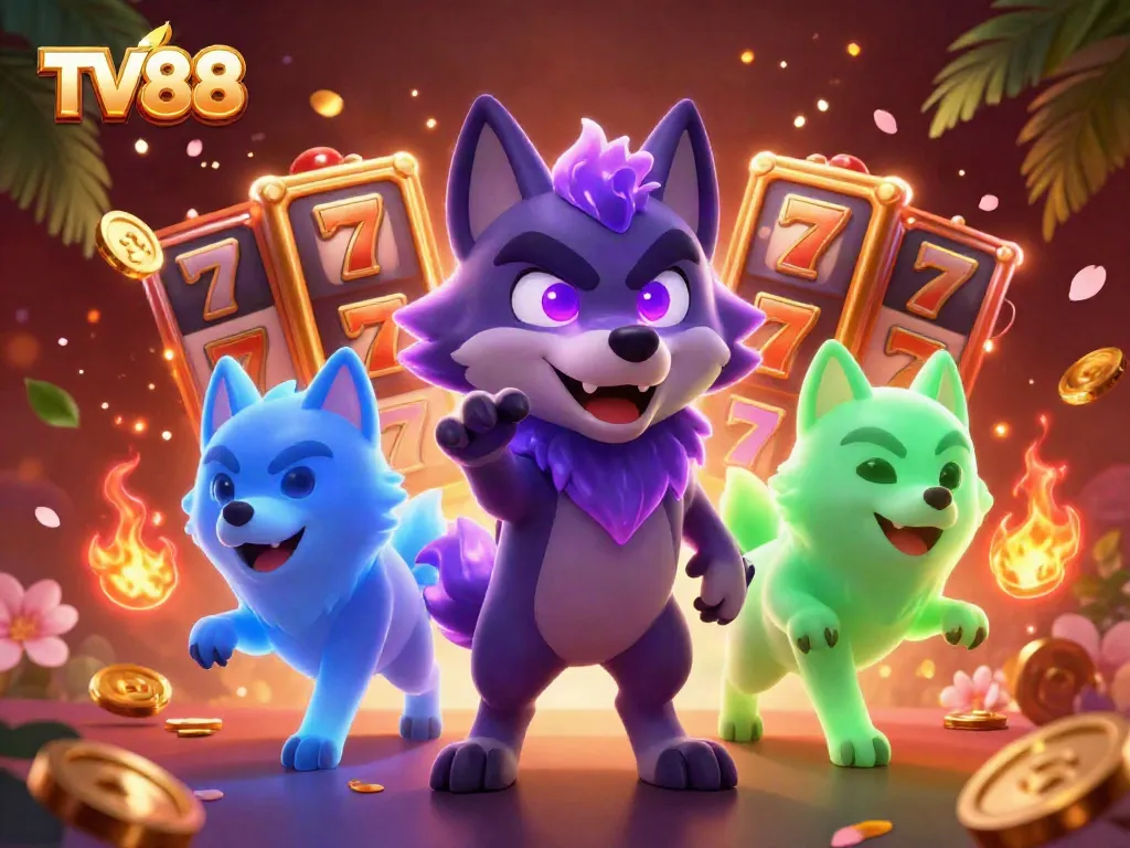 Engage with the thrilling world of TV88, showcasing a dynamic illustration of ghostly wolves and slots, perfect for casino enthusiasts.