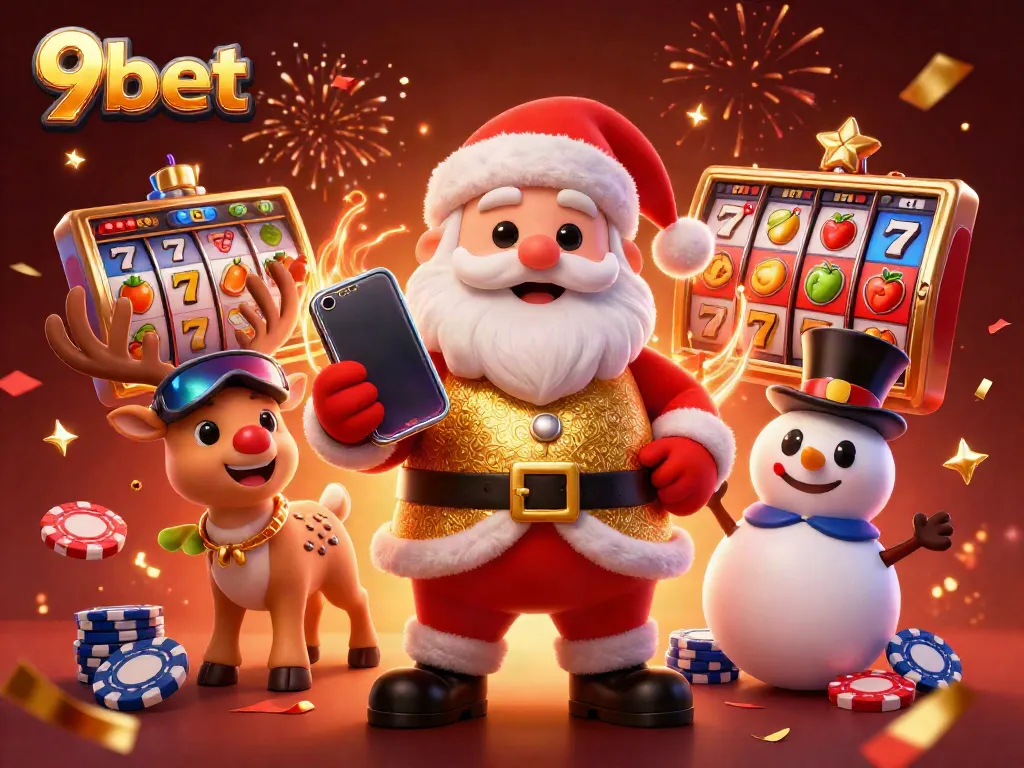 Engaging scene showcasing 9bet with Santa and friends celebrating jackpot slots.