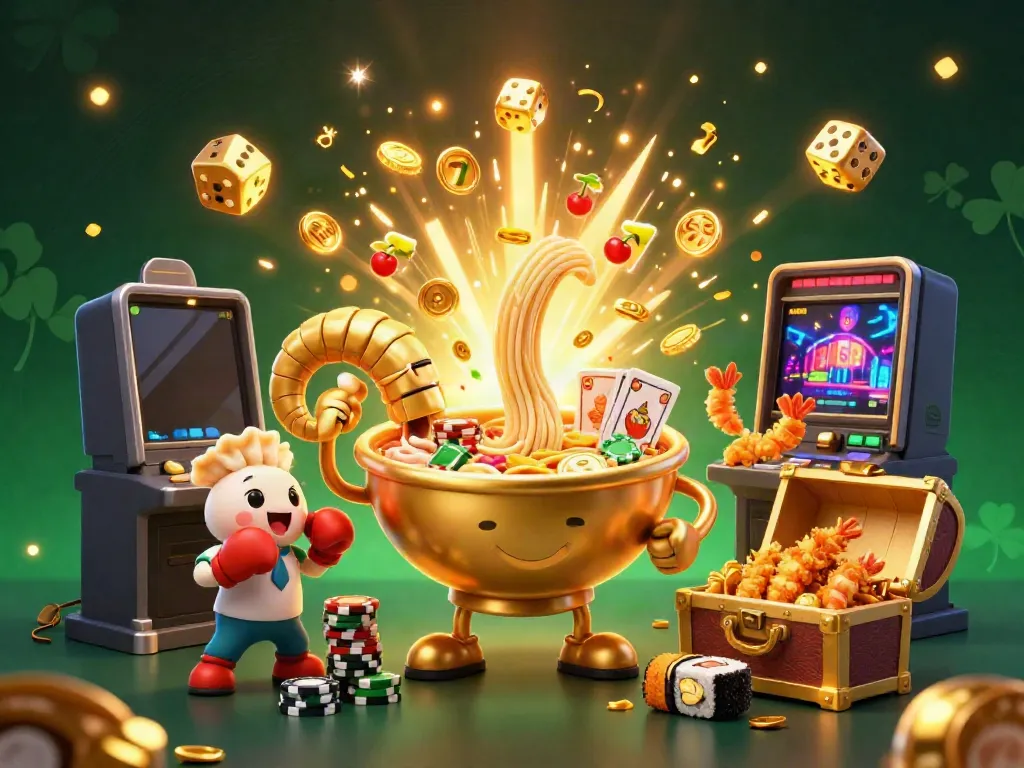 Experience the thrilling action of 78win with a cartoon illustration featuring golden ramen bowl dealers and lively slot machine elements.