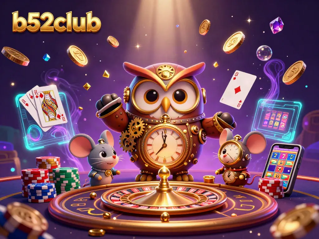 Engage with dynamic casino fun at b52club with owl and mouse amid thrilling gaming elements.