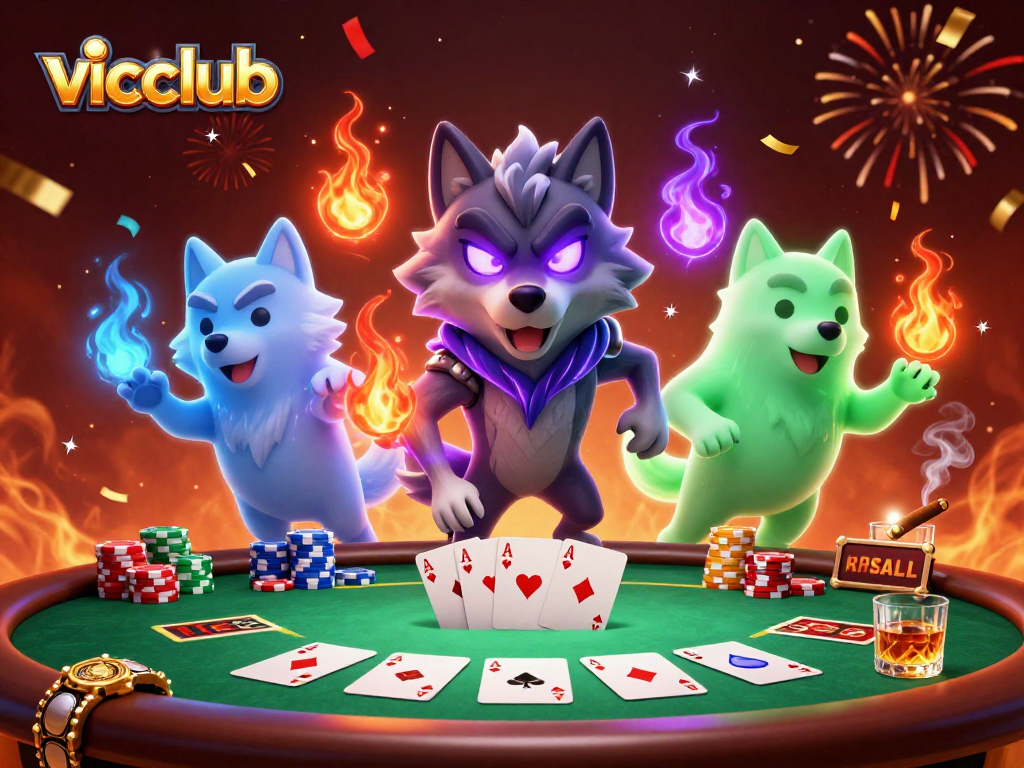 Experience thrilling gameplay at vicclub with energetic wolf companions around a vibrant poker table.