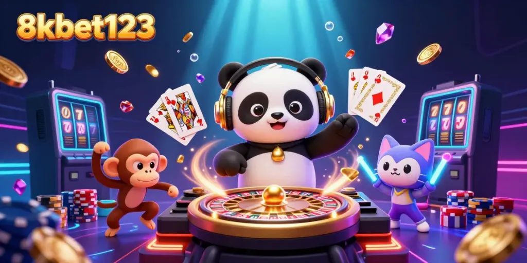 Engage in exhilarating gameplay with 8xbet123's dynamic casino scene featuring vibrant characters and dazzling casino elements.
