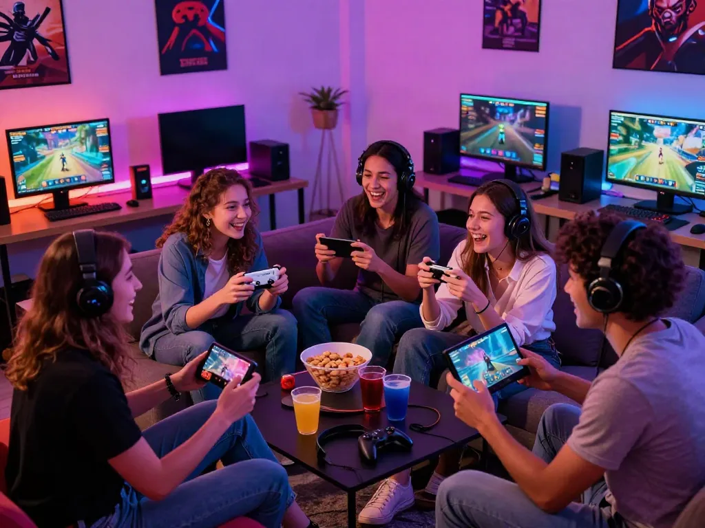 Engaged players enjoying diverse online games with kilat404 branding, showcasing vibrant gaming community and excitement.