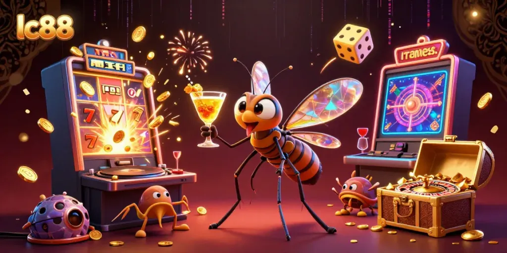 Engage with lc88's vibrant casino scene featuring a frozen mosquito mascot, trilobite DJ, and golden roulette wheel.