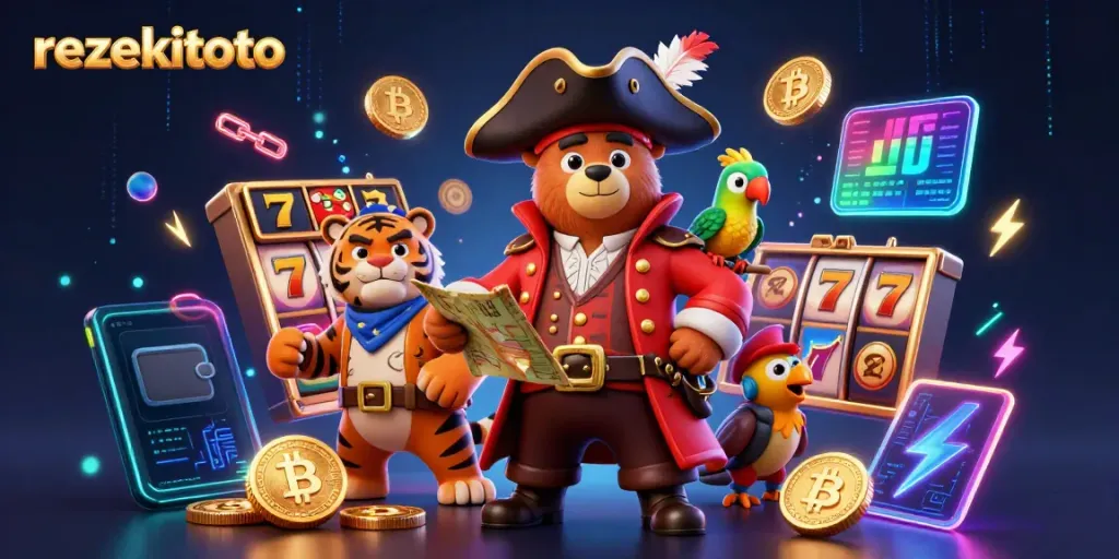 Experience rezekitoto's thrilling slot bonuses with a pirate captain bear and tiger in dynamic 3D illustration.