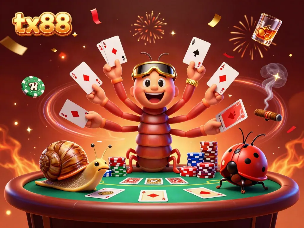 Engage with the excitement of tx88 with a dynamic scene showcasing a cartoon millipede dealer and a snail high-roller at a lively poker table.