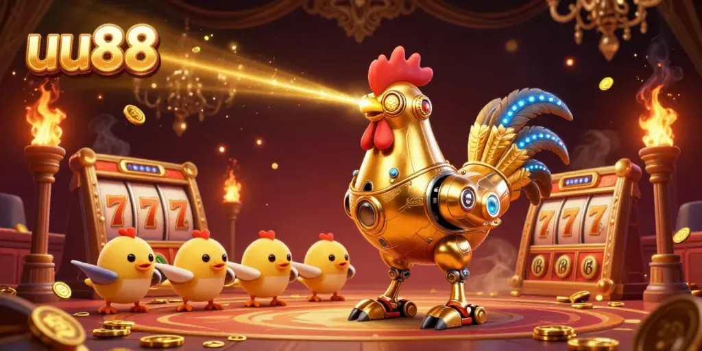 Engage with uu88's thrilling gaming adventure featuring a futuristic golden rooster robot and baby chick drones.