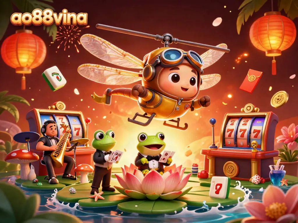 Engage in thrilling gameplay at ao88vina with a vivid illustration of a dragonfly pilot, frog croupier, and jazz-playing crickets.
