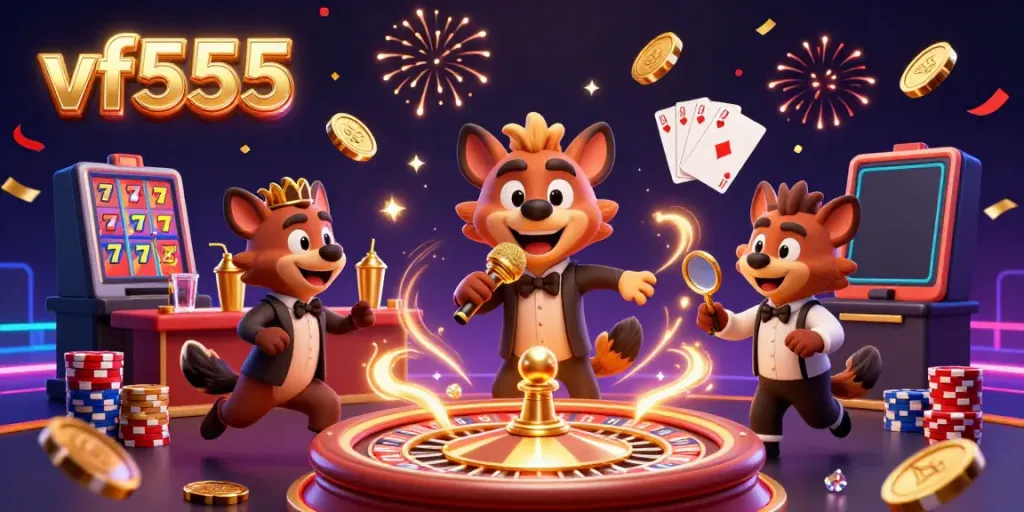 Experience the vf555 comedy casino club with hyenas, laughter, and gold coins flying around.