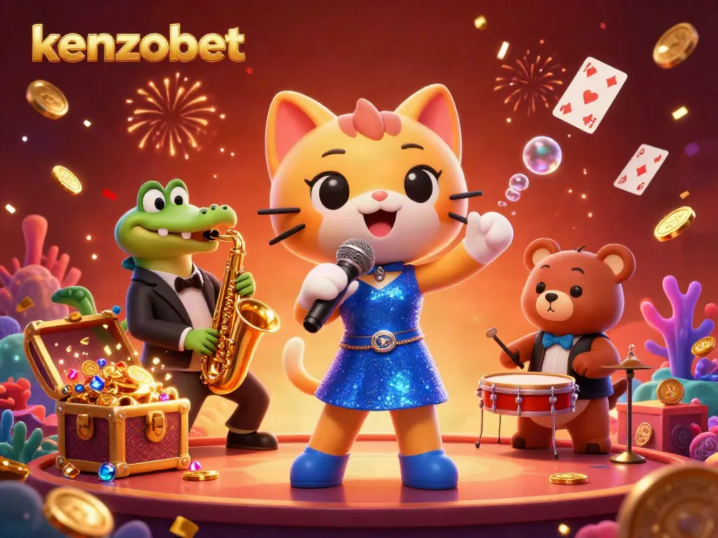 Experience the vibrant energy of kenzobet with a jazz-singer cat, saxophone crocodile, and drum-playing bear in this lively casino scene.