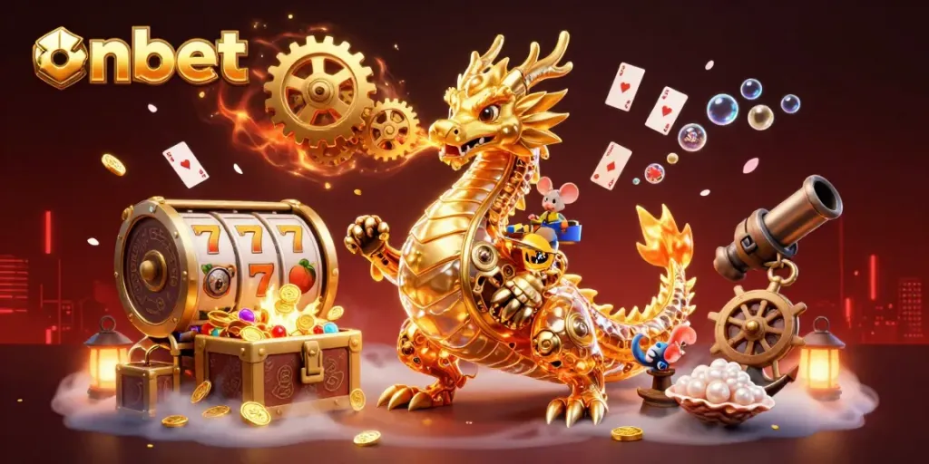 Join the onbet adventure with a golden dragon and treasure-filled slots in this vibrant casino scene.