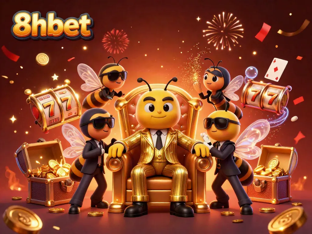 Experience the thrill of 8xbet with a bumblebee mob boss in a casino-like setting filled with slot games, confetti, and excitement.