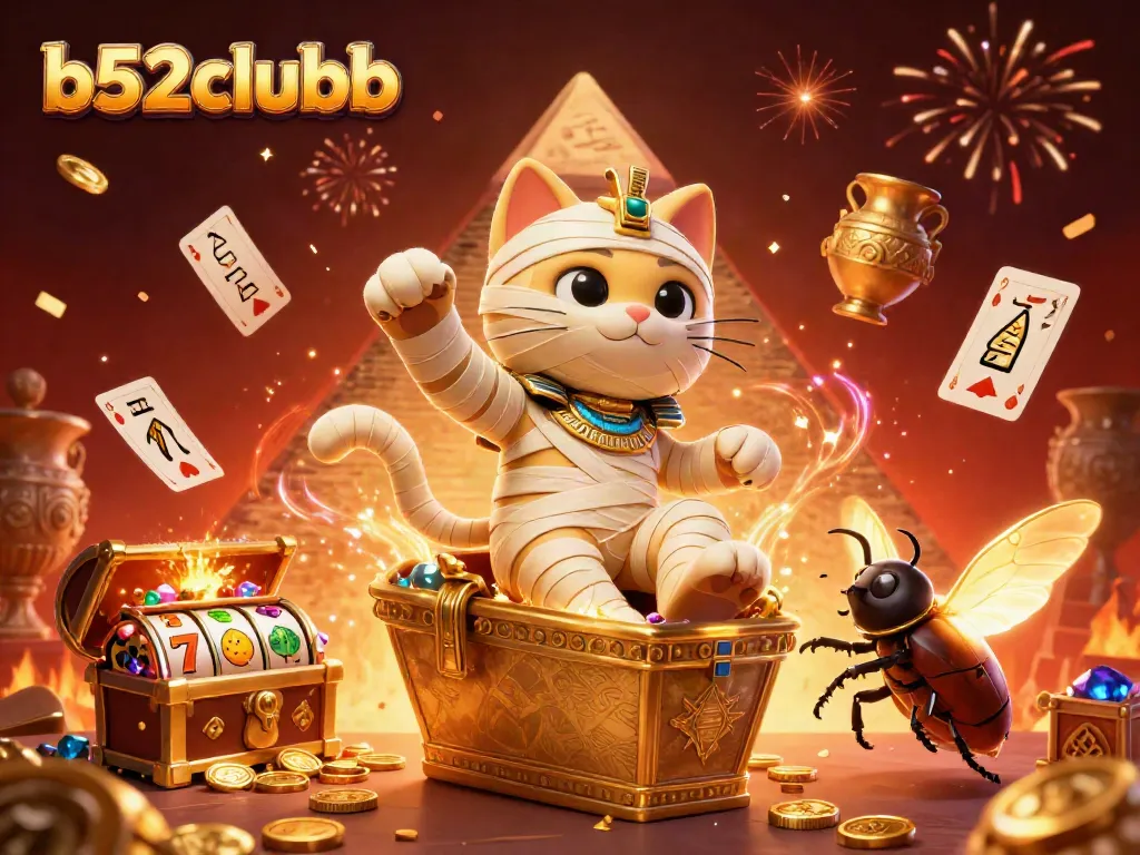 Engage in thrilling gameplay at b52clubb with the Egyptian mummy cat emerging from the casino's golden sarcophagus.