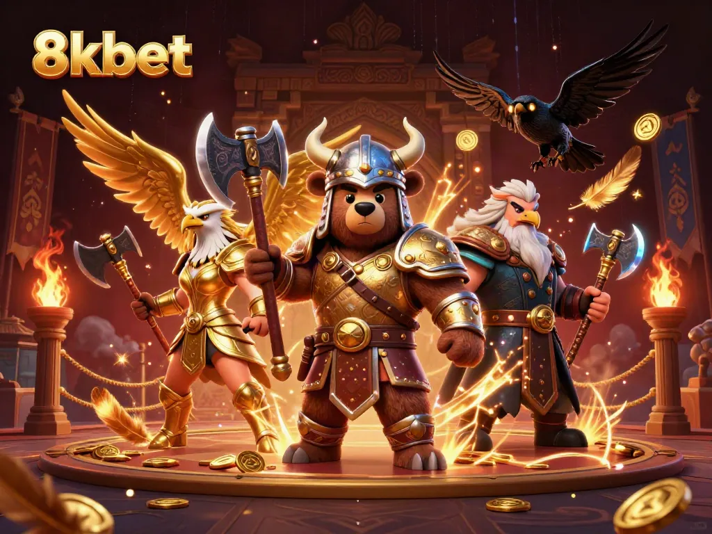 Experience the excitement of 8kbet with fierce Viking characters battling amid a treasure-filled arena.