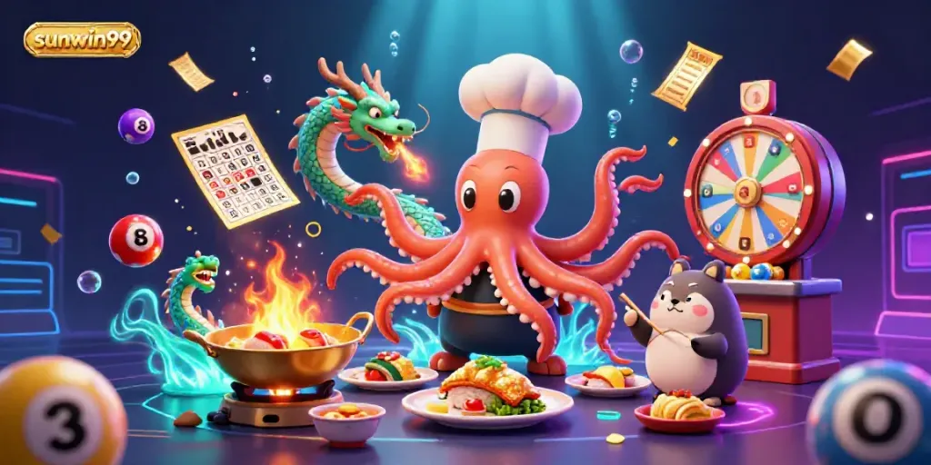 Experience vibrant casino excitement with sunwin99 in a dynamic illustration featuring an octopus chef, dragon, and rich game elements.