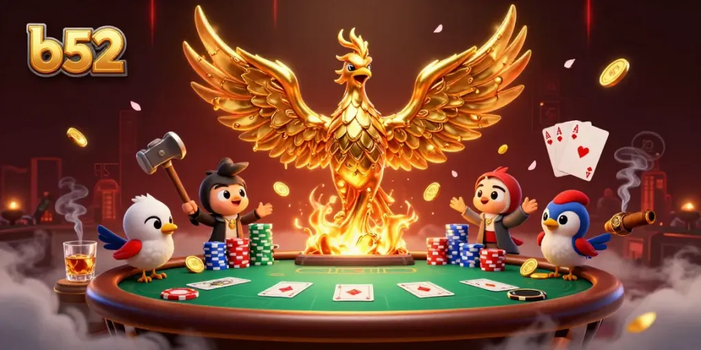 Experience the magical b52 phoenix emerging from a forge in a vibrant casino scene.