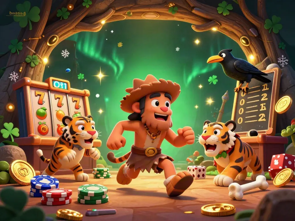 Engage in thrilling games at bm8898 with a vibrant prehistoric casino scene featuring playful characters.