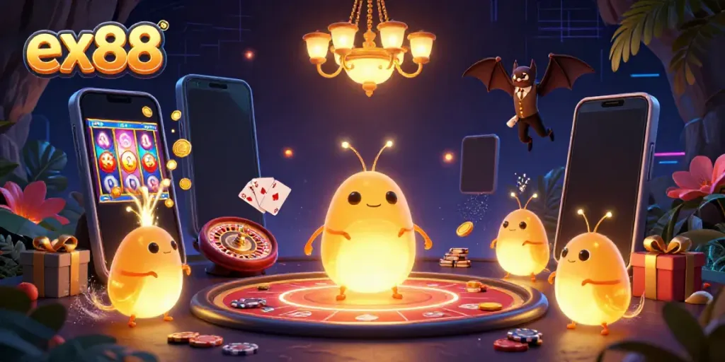 Experience exhilarating gaming at ex88 with glowworms illuminating a vibrant casino scene.