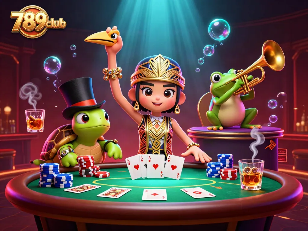 Play poker with excitement at 789club, featuring a vibrant 3D casino scene with whimsical characters.