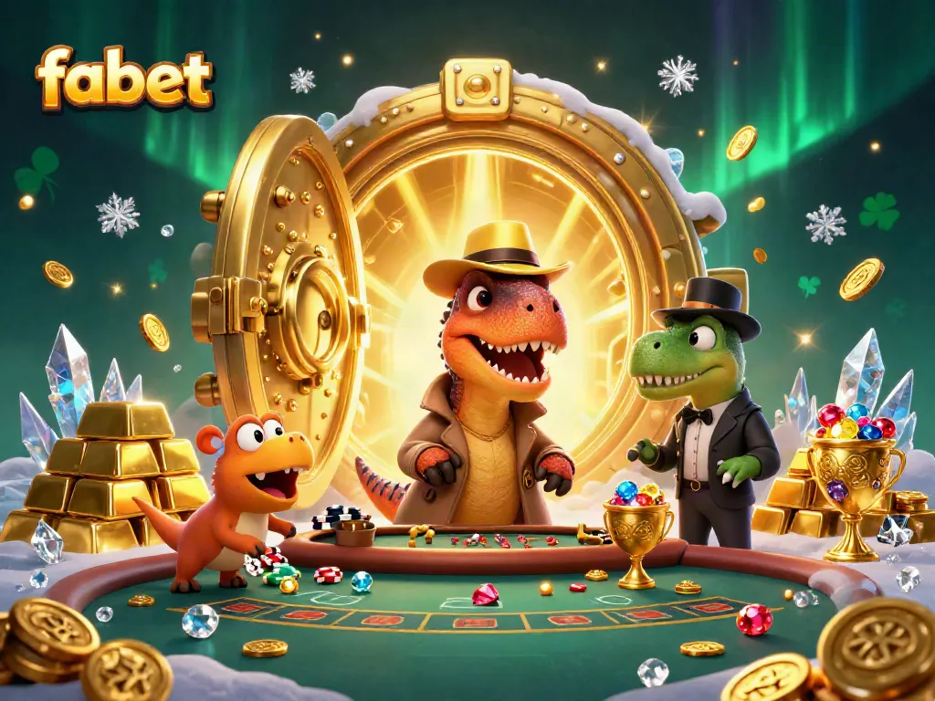 Win big with fabet in this vibrant casino scene featuring dinosaurs and extraordinary treasure.