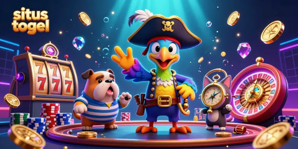 Experience thrilling situs togel action with a pirate captain, bulldog first mate, and cat navigator amid dazzling casino elements.
