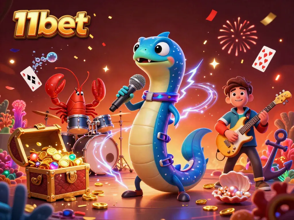 Experience excitement with 11bet in a vibrant underwater casino scene featuring an electric eel DJ.
