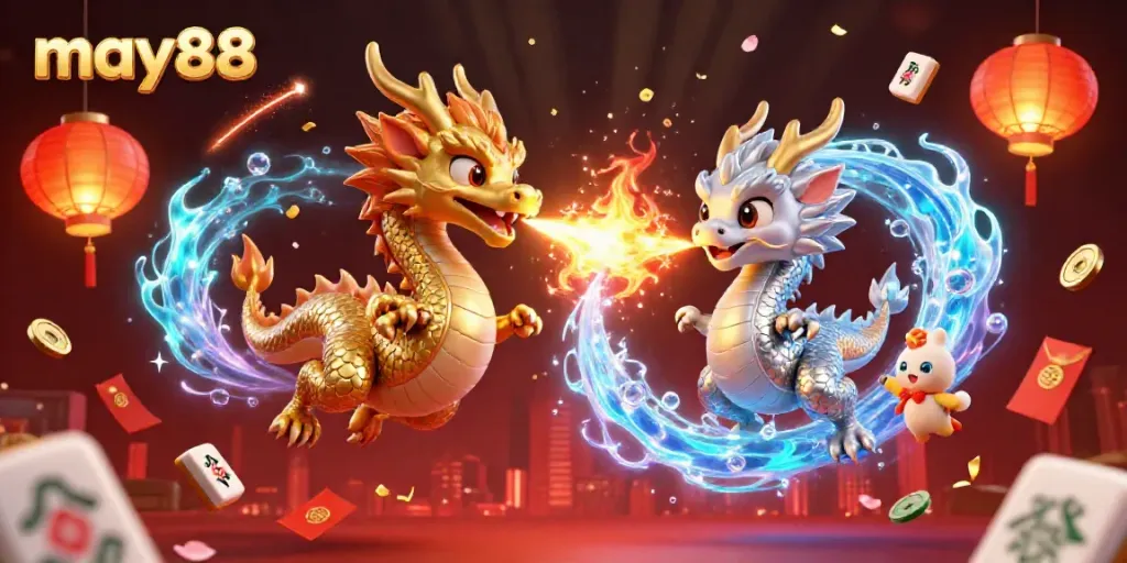Engage with may88's thrilling gaming experience featuring dynamic dragons, fireworks, and rich casino elements.
