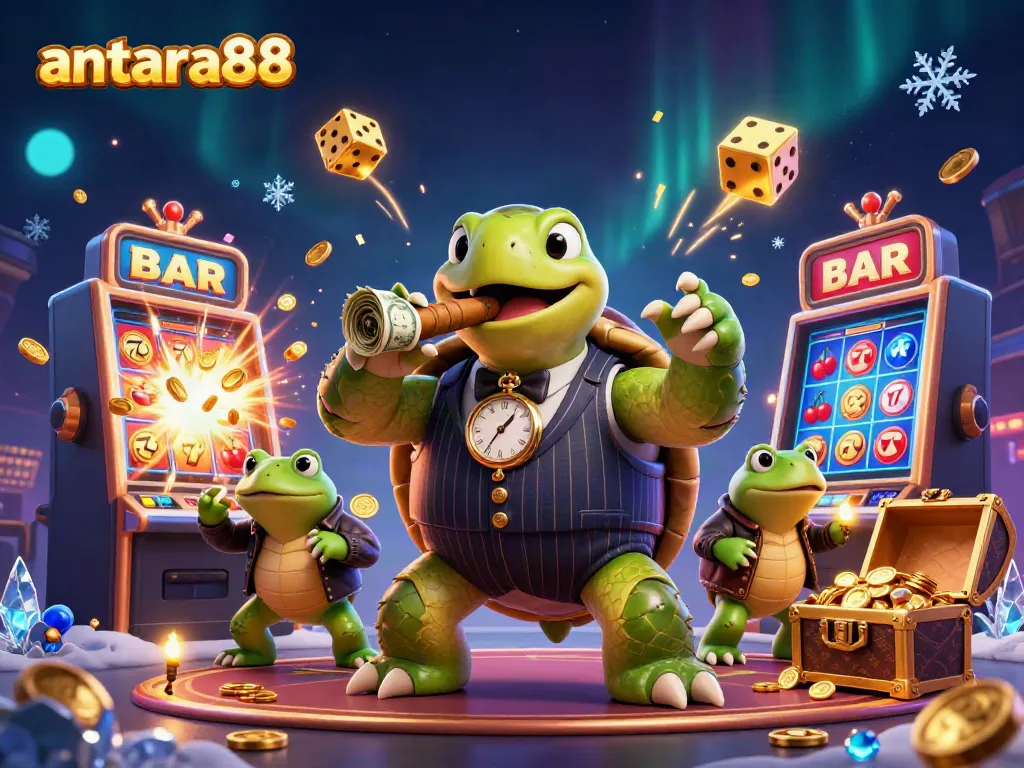 Experience thrilling gameplay at antara88, where the cartoon turtle and bullfrogs showcase exciting casino adventures amid symbols of luck and rewards.