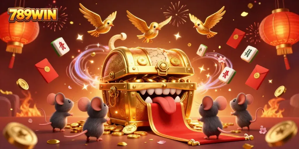 Engage with 789WIN's thrilling gaming experience featuring a vibrant treasure chest and festive elements.