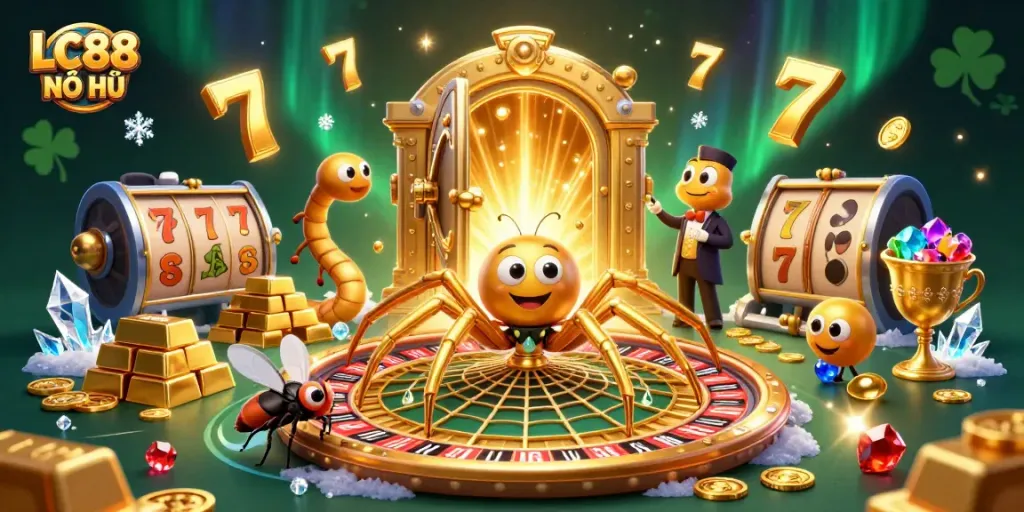 Engage in LC88 NỔ HŨ with a golden spider and vibrant slots, promising thrilling jackpots.