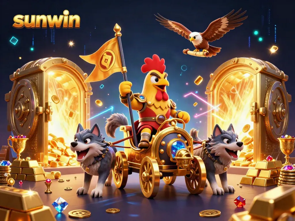Engage with sunwin's vibrant casino world, featuring a dynamic scene with treasures and characters.