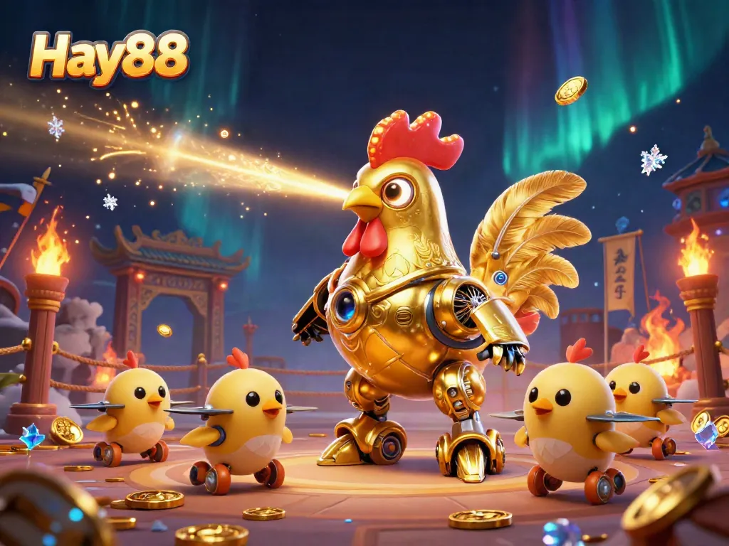 Engage in thrilling betting experiences at Hay88 with a dynamic golden rooster robot and playful chick drones in a vibrant casino atmosphere.