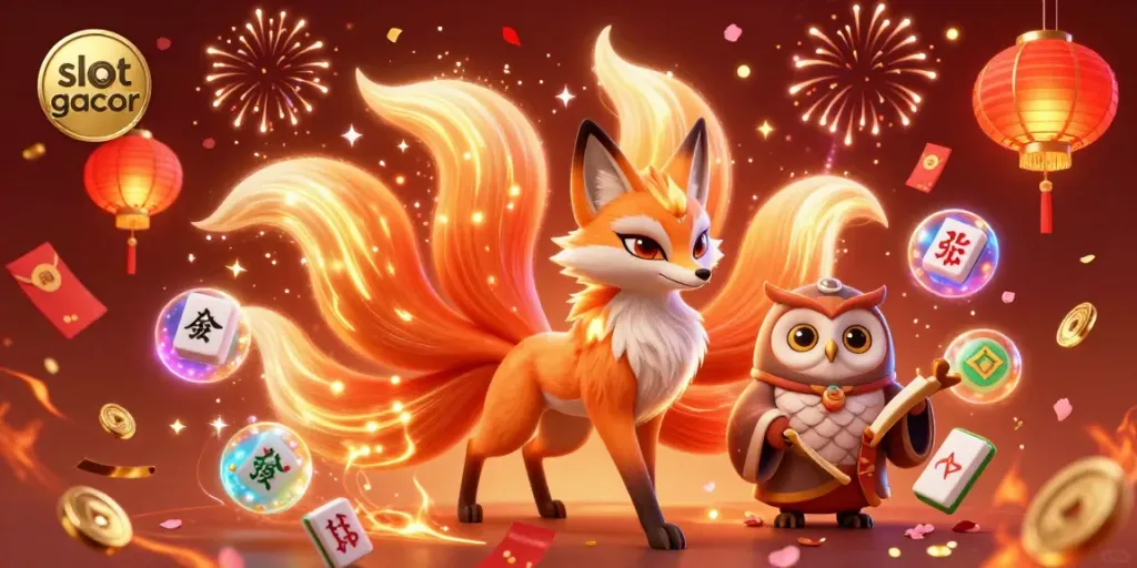 Engage with vibrant slot gacor spirit world, featuring a nine-tailed fox and wise owl in a dynamic gaming scene.