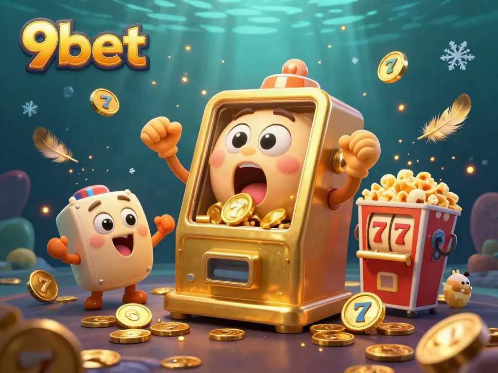 Experience the excitement of 9bet with animated slot machines hitting jackpots and celebrating.