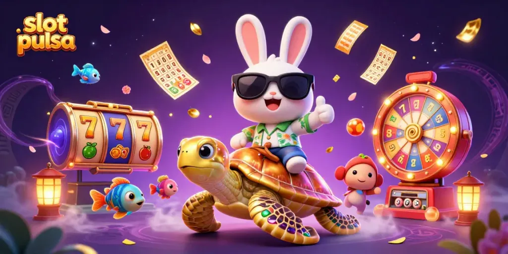 Engage with slot pulsa excitement featuring a lucky rabbit and golden sea turtle in a vibrant casino setting.
